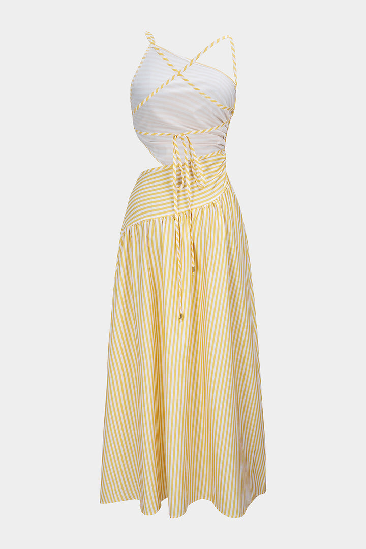 Stripes Print Backless Crossed Tie-Up Sleeveless Maxi Dress