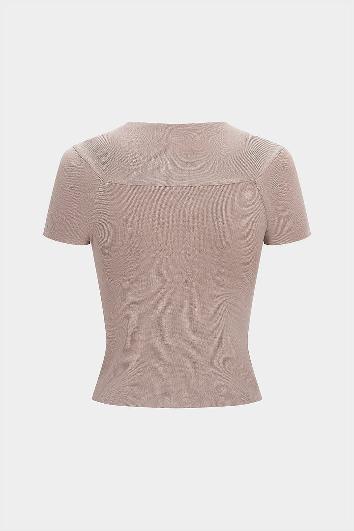Knit V-Neck Twist Knot Ruched Short-Sleeve Top