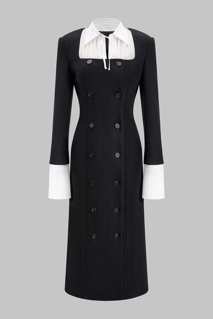 Patchwork Double Breasted Long Sleeve Maxi Dress