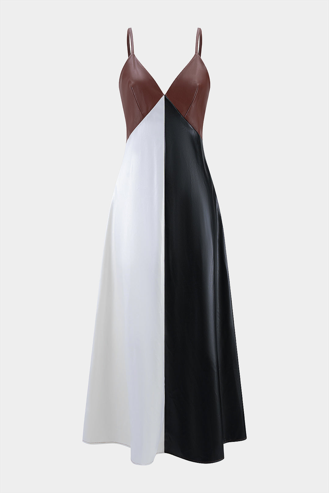Faux Leather Contrast Slip V-Neck Sleeveless Maxi Dress