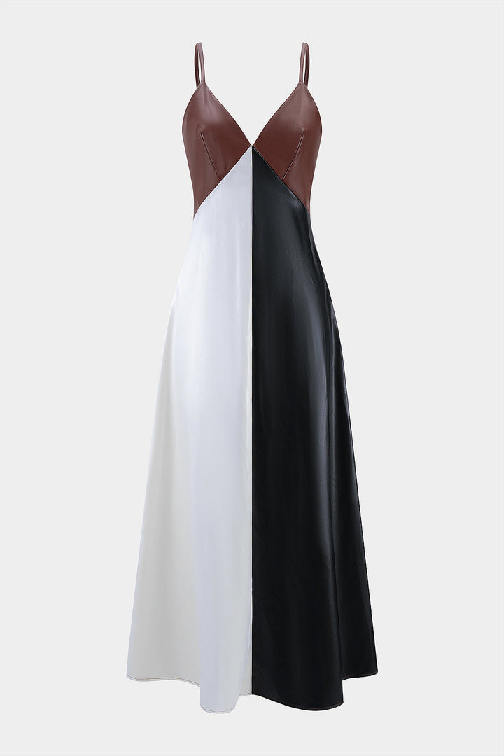 Faux Leather Contrast Slip V-Neck Sleeveless Maxi Dress
