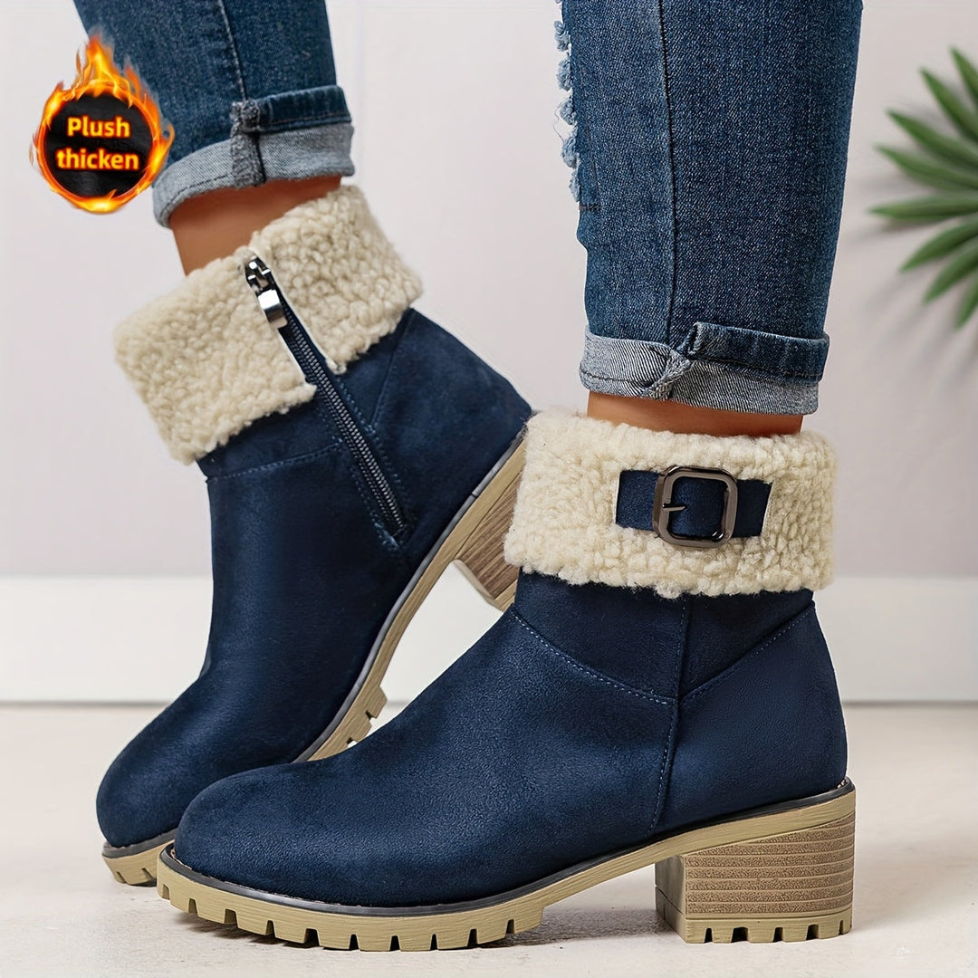 Mirella™ | Sherpa-cuff buckled side-zip heeled ankle boots
