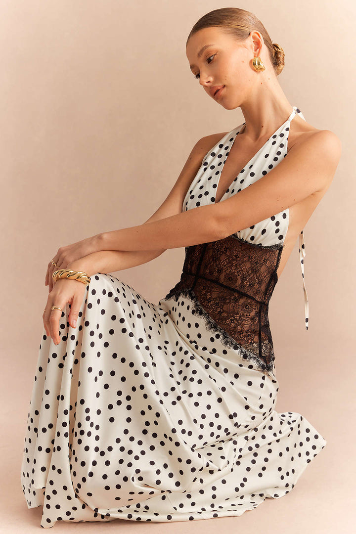 Polka Dots Print Satin Patchwork Lace Halter V-Neck Backless Sleeveless Maxi Dress