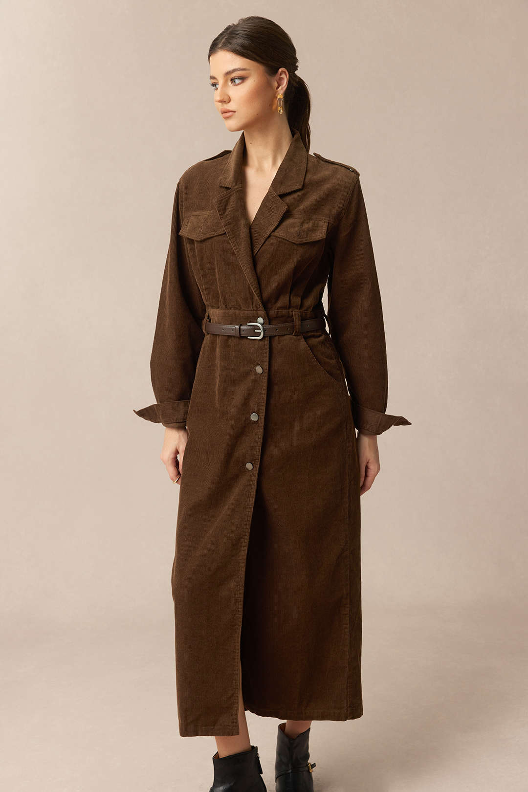Corduroy Notched Lapel Button Pocket Belted Long Sleeve Dress