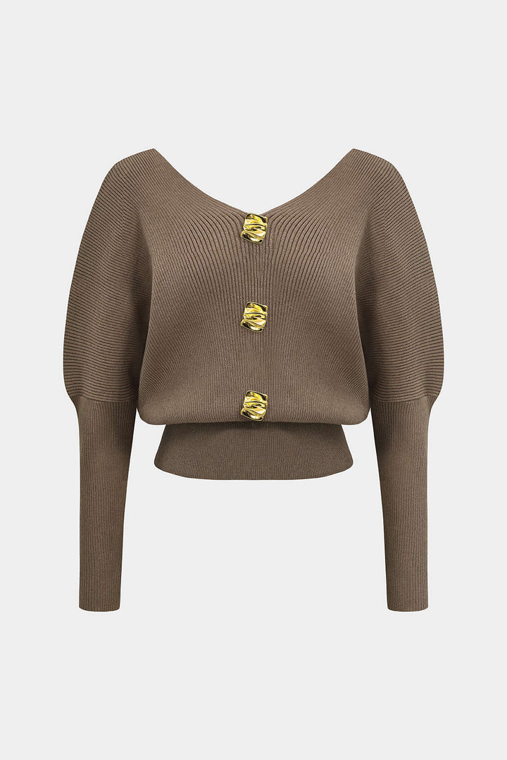 Solid Button V-Neck Sweater Long-Sleeve Top