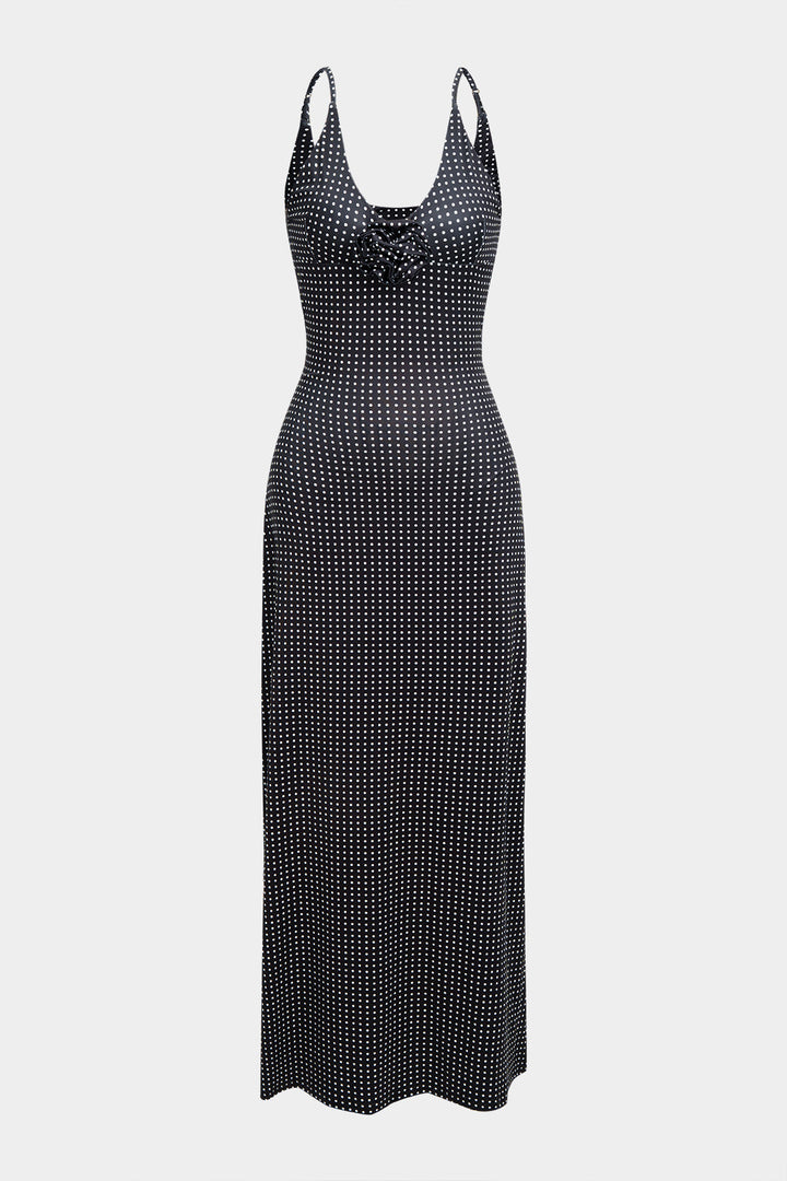 Polka Dots Print V-Neck 3D Flower Slip Sleeveless Maxi Dress