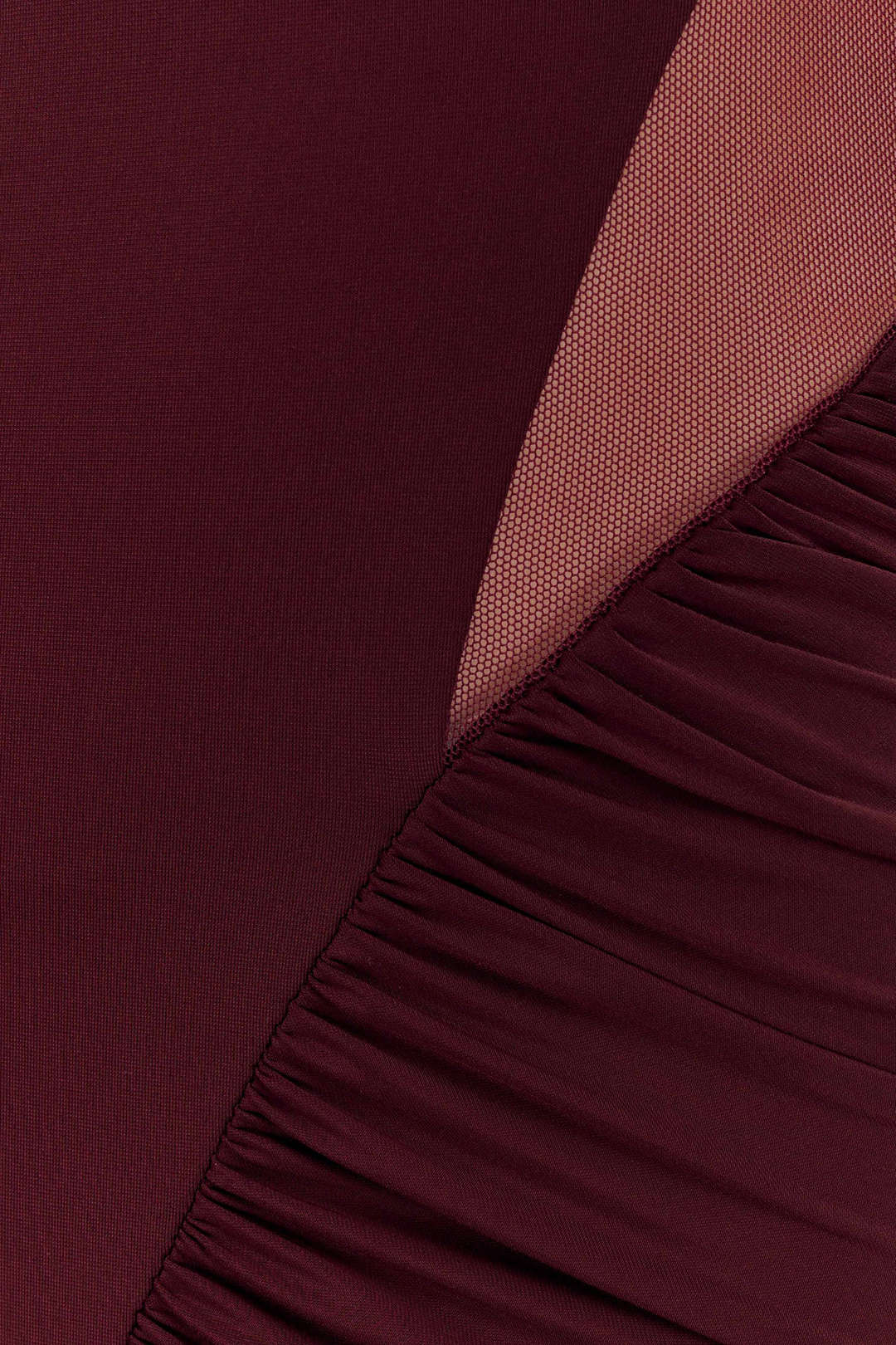 Patchwork Mesh Ruched V-Neck Long Sleeve Maxi Dress