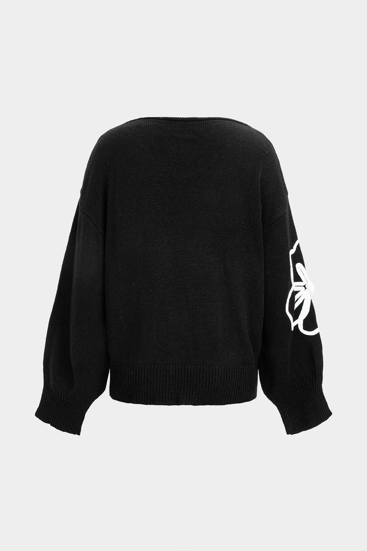 Knit V-Neck Flower Applique Long-Sleeve Top