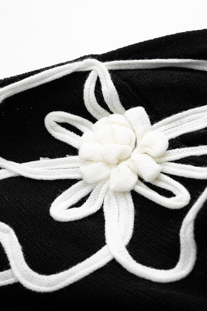 Knit V-Neck Flower Applique Long-Sleeve Top