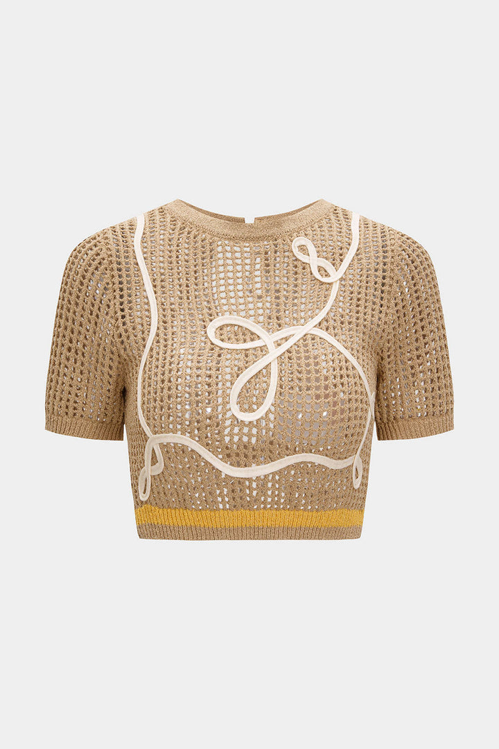 Knit 3D Embroidery Print Contrast Tie Back Short-Sleeve Top