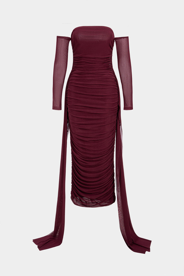 Mesh Off Shoulder Ruched Long Sleeve Maxi Dress