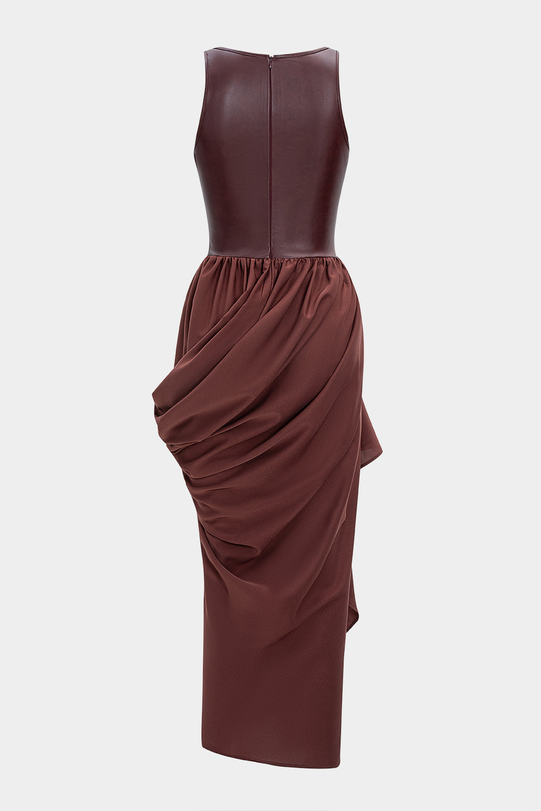 Faux Leather Patchwork Ruched Asymmetrical Sleeveless Maxi Dress