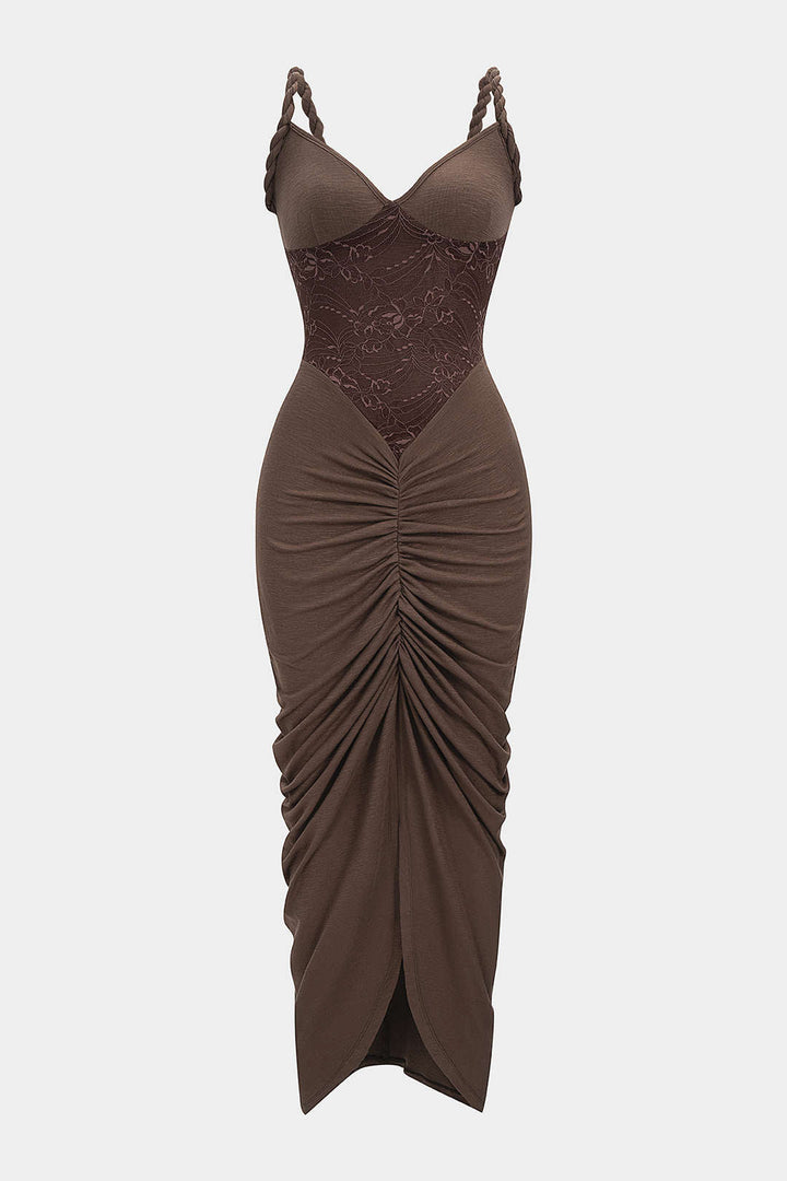 Lace Patchwork Ruched Twist Knot Slip Sleeveless Maxi Dress