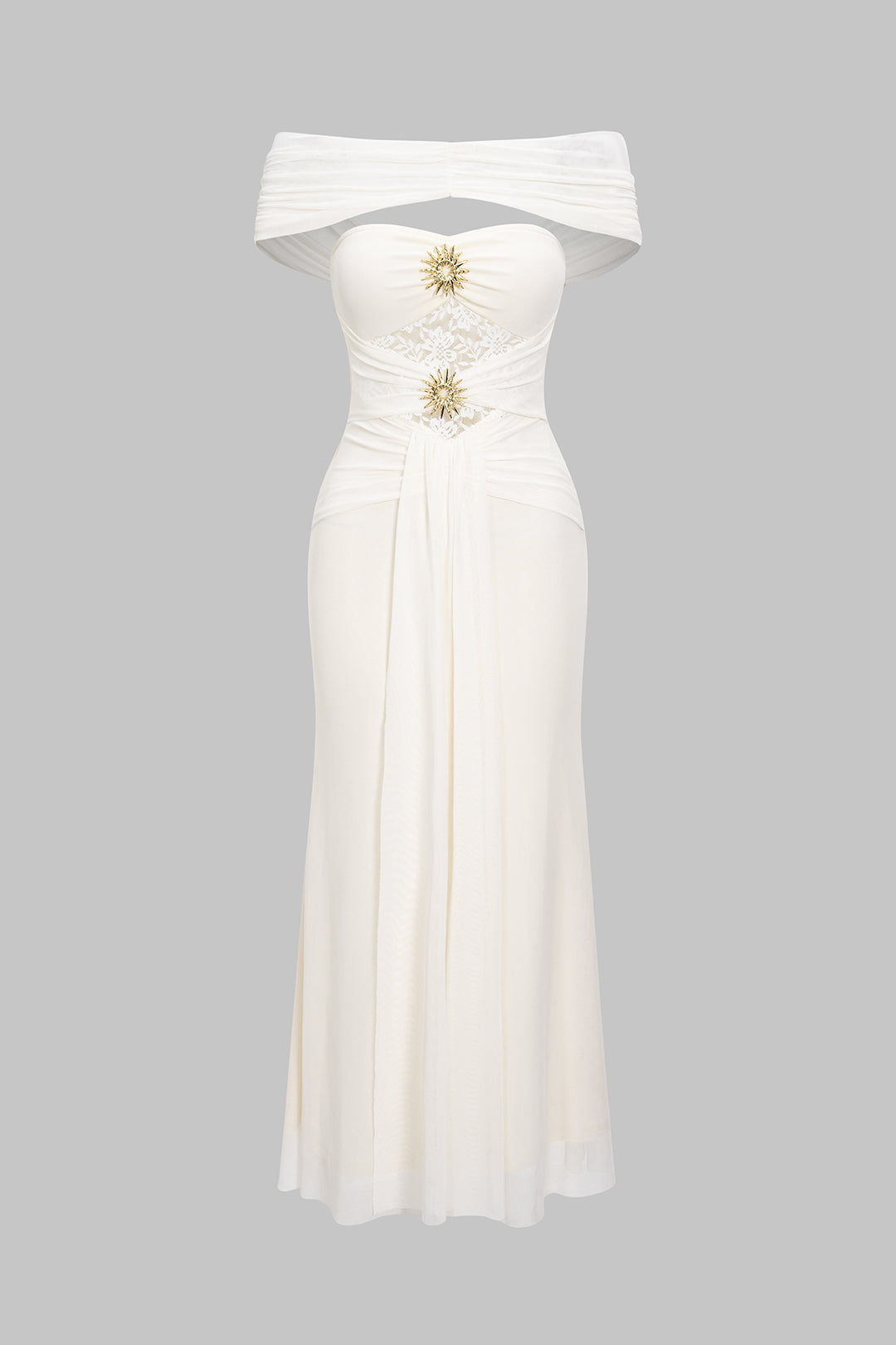 Off Shoulder Mesh Patchwork Metallic Decor Knotted Maxi Dress