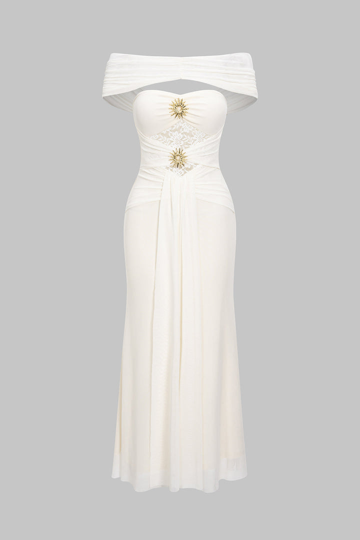 Off Shoulder Mesh Patchwork Metallic Decor Knotted Maxi Dress