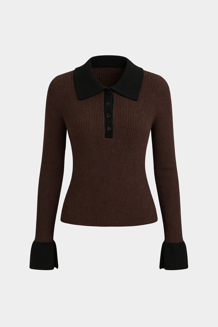 Knit Button Contrast Long-Sleeve Top