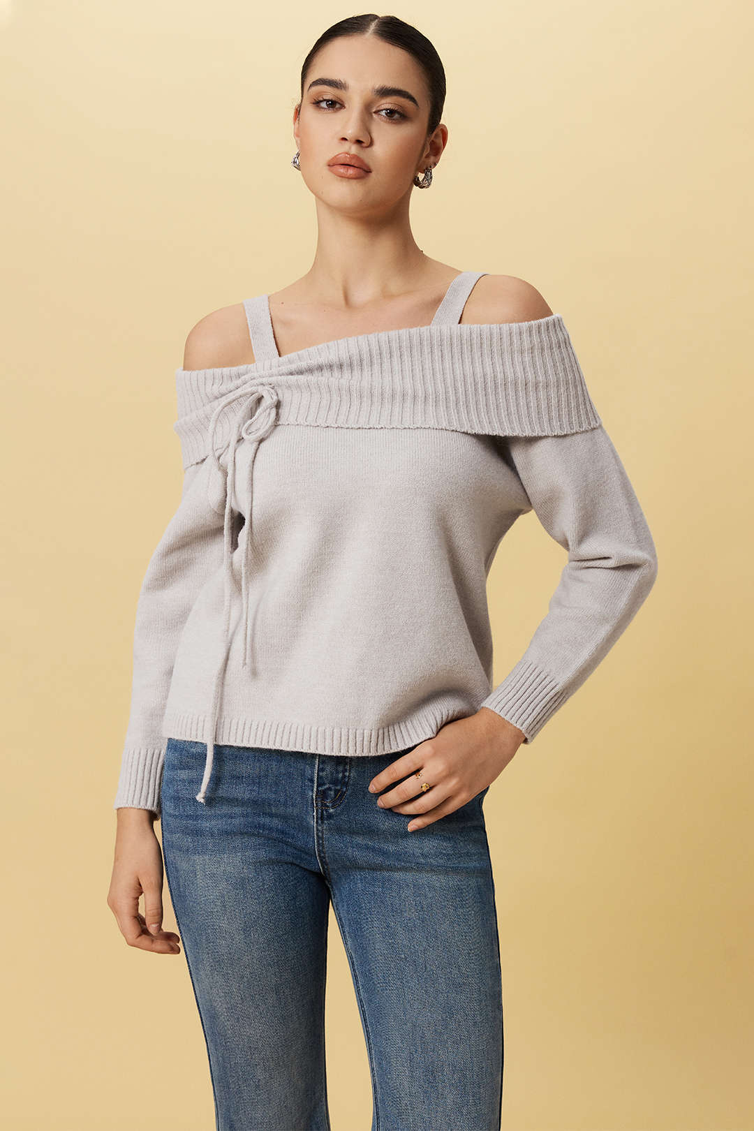 Knit Off-Shoulder Bow Long-Sleeve Top