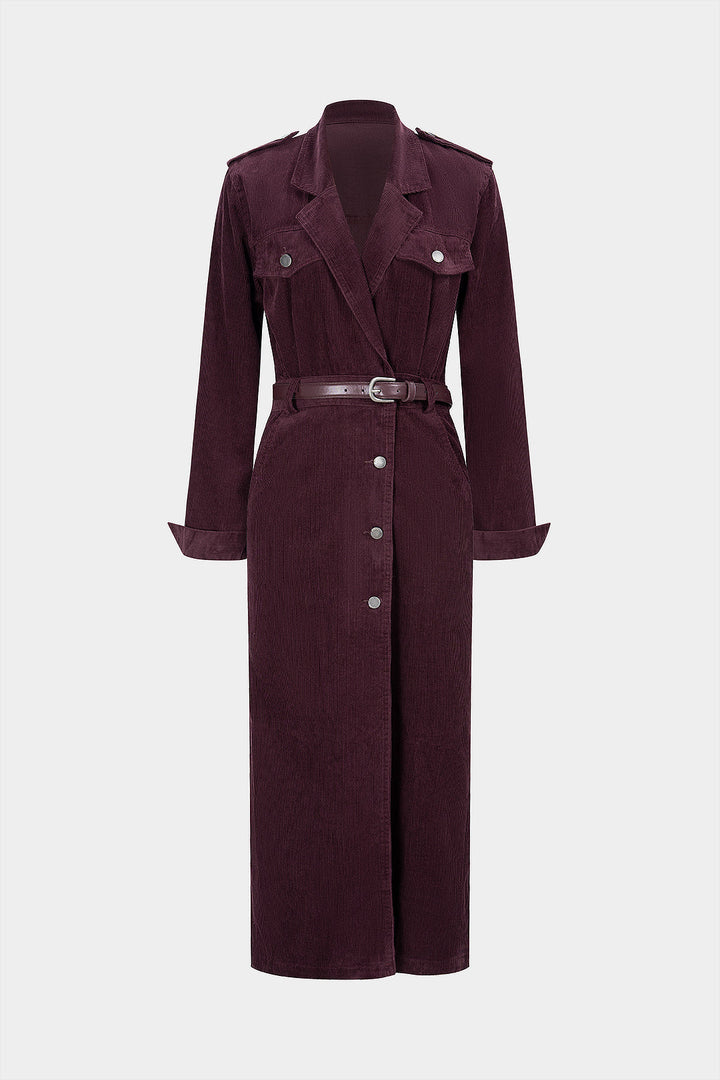 Corduroy Notched Lapel Button Pocket Belted Long Sleeve Dress