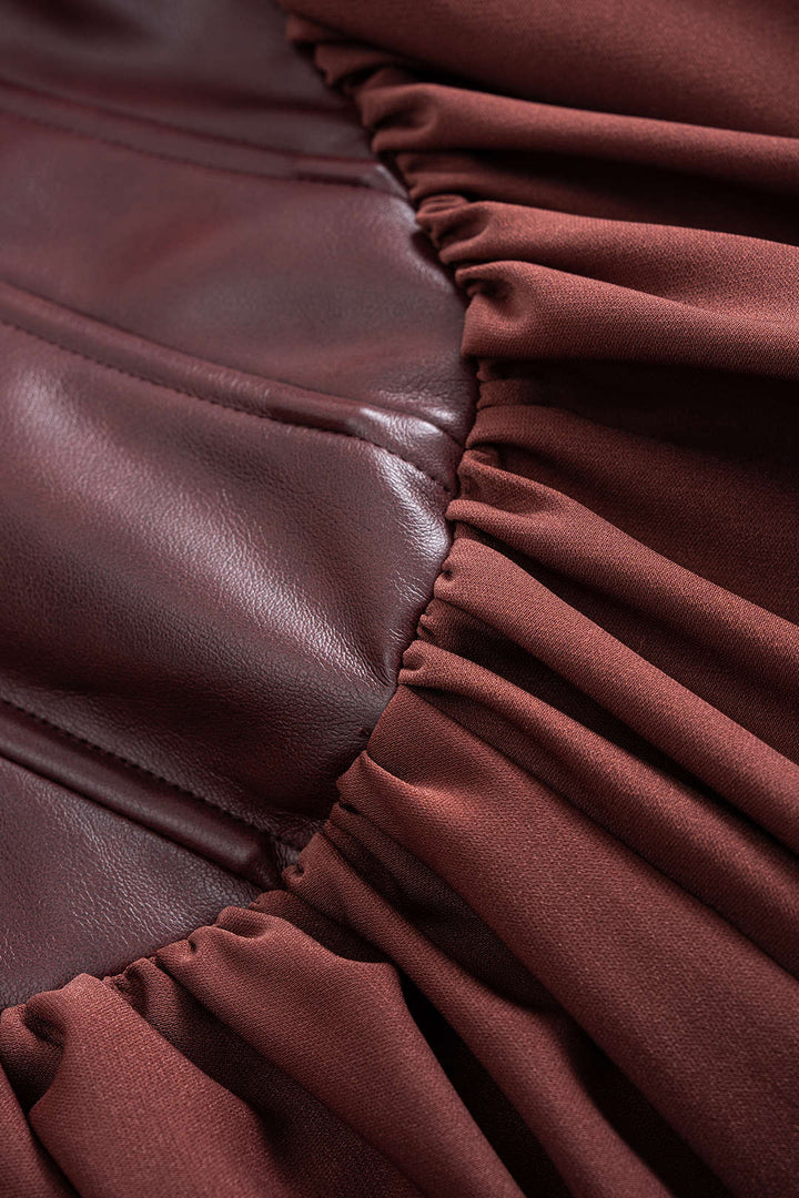 Faux Leather Patchwork Ruched Asymmetrical Sleeveless Maxi Dress