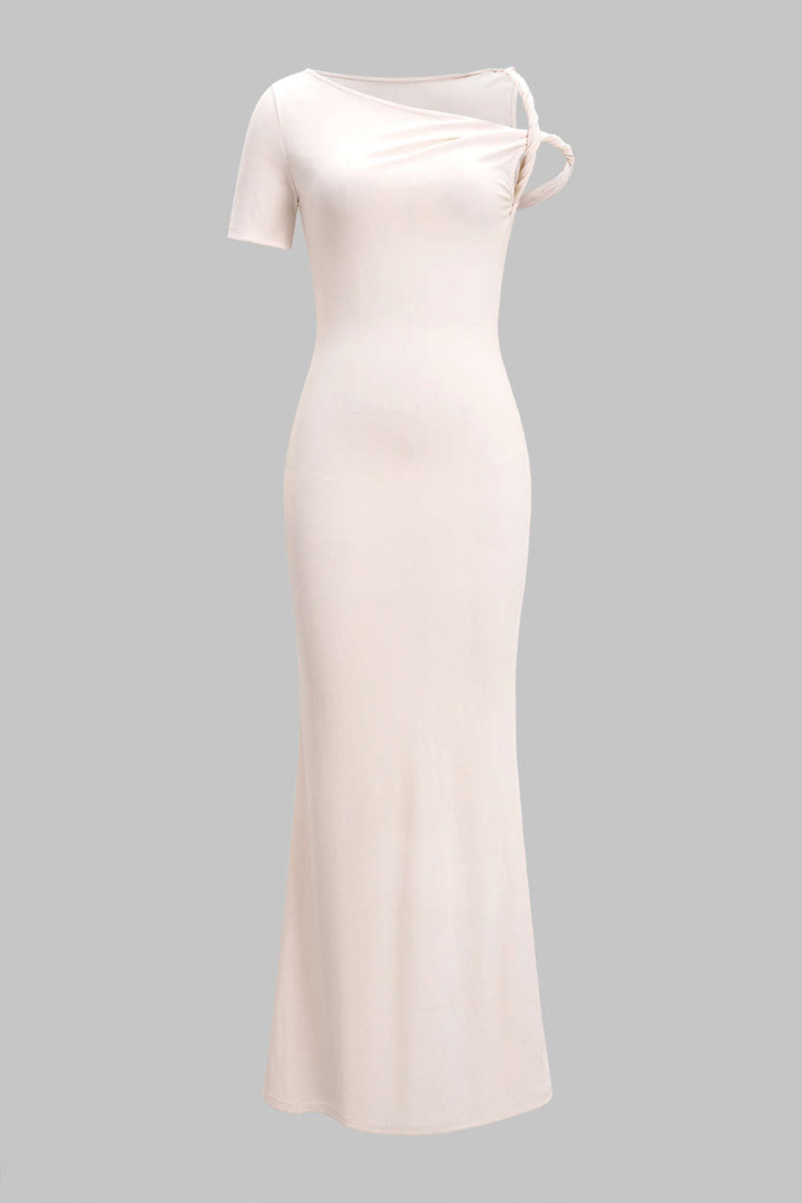 Solid Asymmetrical Twist Knot Short Sleeve Maxi Dress