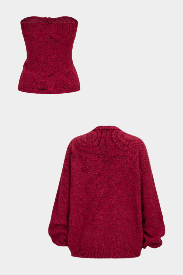Knit Button Tube Top And Cardigan Set