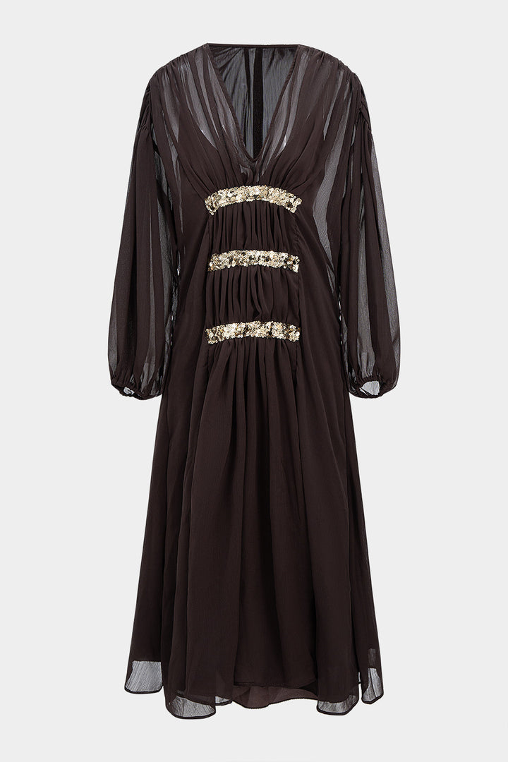 Mesh Sequin Decor V-Neck Ruched Long Sleeve Maxi Dress