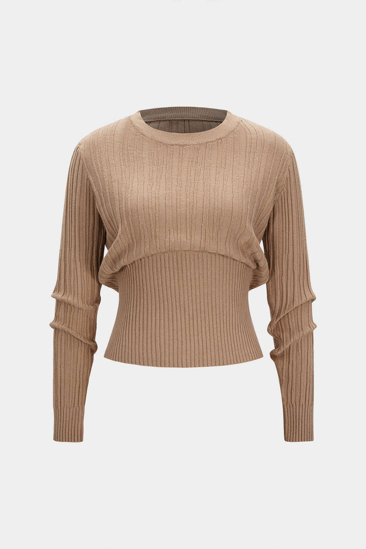Knit Round Neck Waist-Cinching Long-Sleeve Top