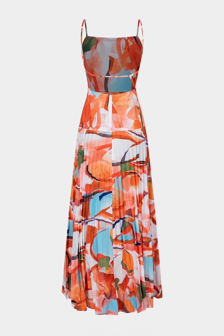 Geometric Print Pleated Sleeveless Maxi Dress