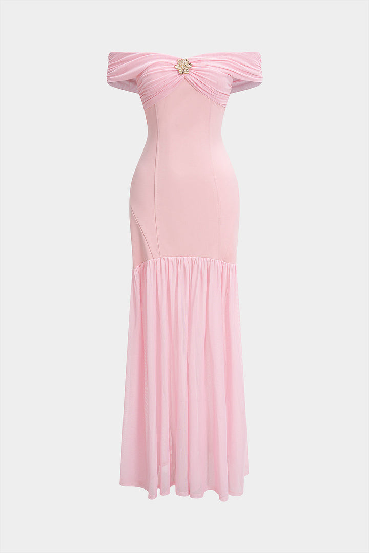 Ruched Metallic Decor Patchwork Off Shoulder Strapless Maxi Dress