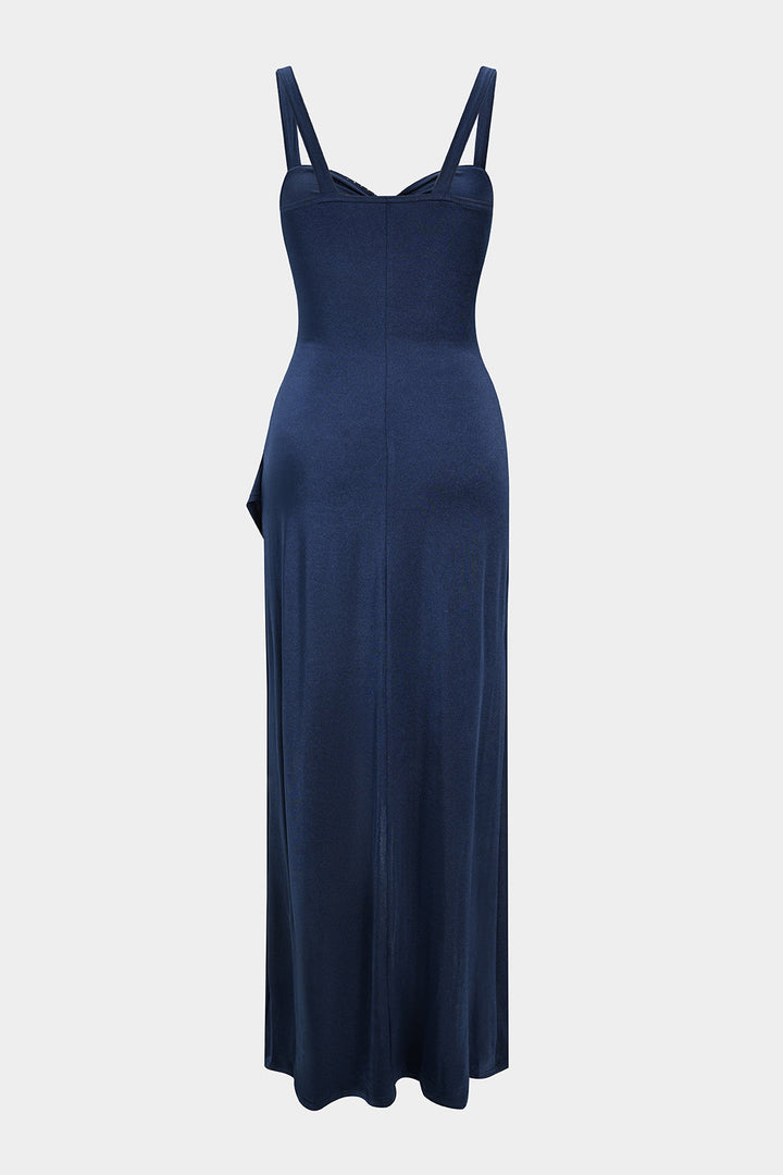 Satin Cut Out Twist Knot Ruched Side Slit Sleeveless Maxi Dress