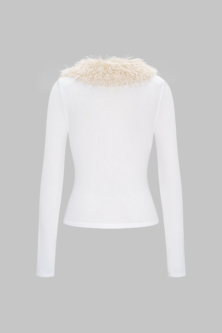 Knit Faux Fur Button Long-Sleeve Top