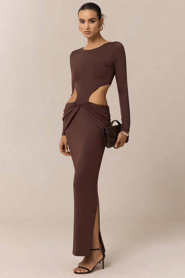 Ruched Round Neck Cut Out Long Sleeve Maxi Dress