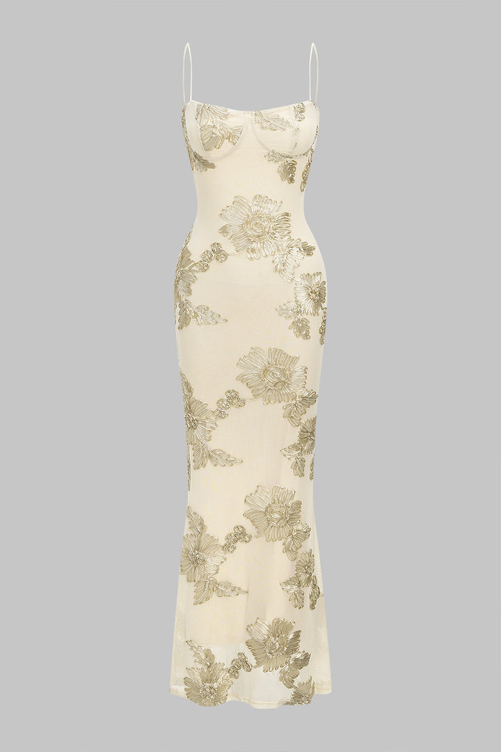 Floral Print Mesh Backless Tie-Back Sleeveless Maxi Dress