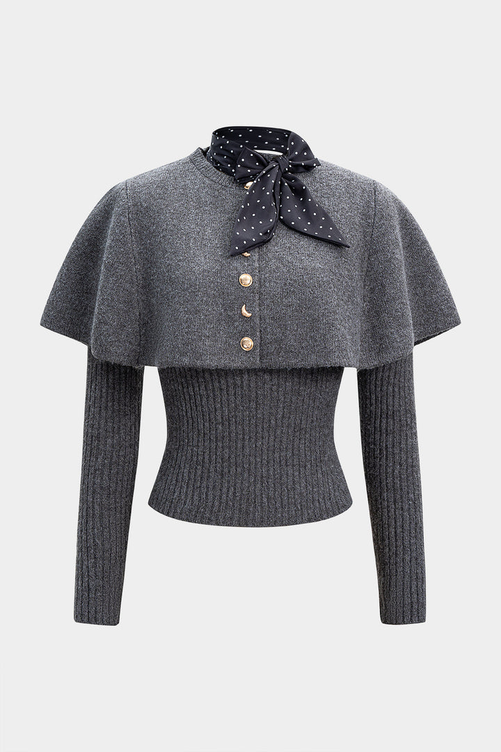 Knit Metallic Irregular Button Long-Sleeve Top With Scarf
