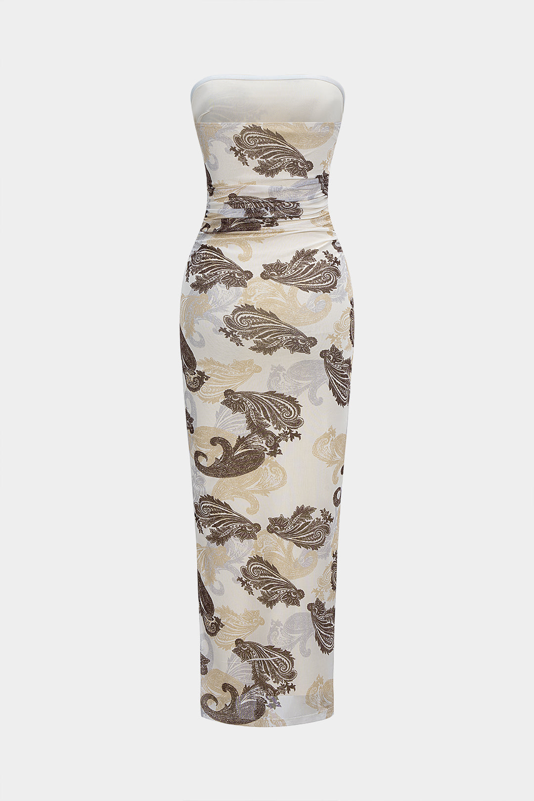 Paisley Print Mesh Ruched Strapless Sleeveless Maxi Dress