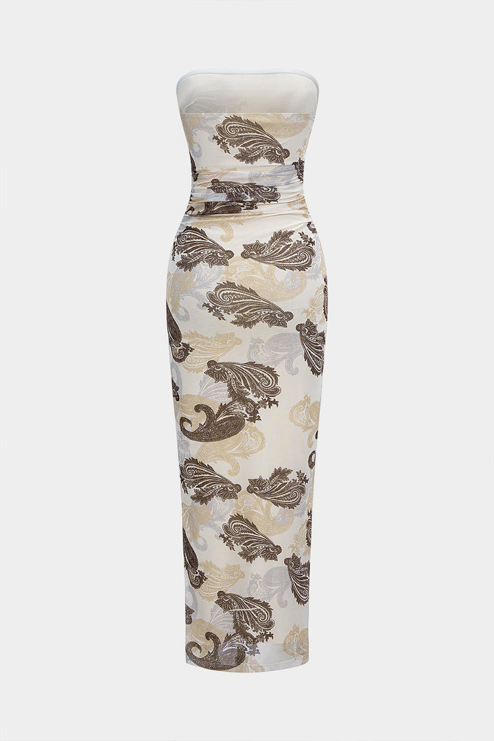 Paisley Print Mesh Ruched Strapless Sleeveless Maxi Dress
