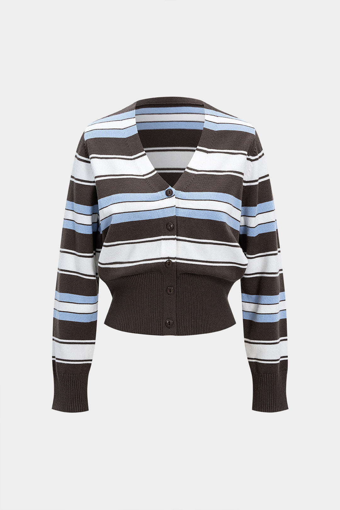 Knit Contrast Stripes Print V-Neck Button Long-Sleeve Top
