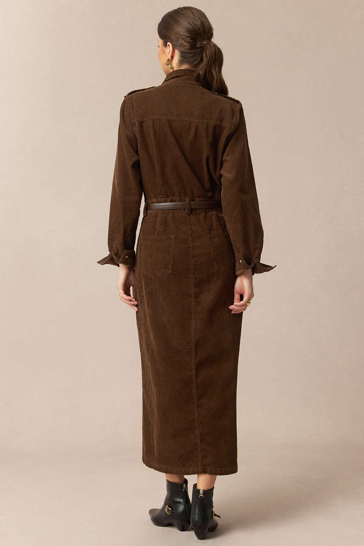 Corduroy Notched Lapel Button Pocket Belted Long Sleeve Dress