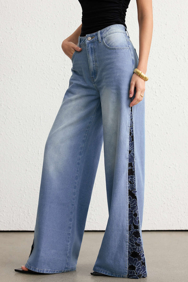Denim Patchwork Lace Trim Wide Leg Jeans