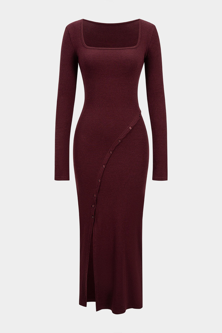 Asymmetrical Button Split Square Neck Long Sleeve Maxi Dress