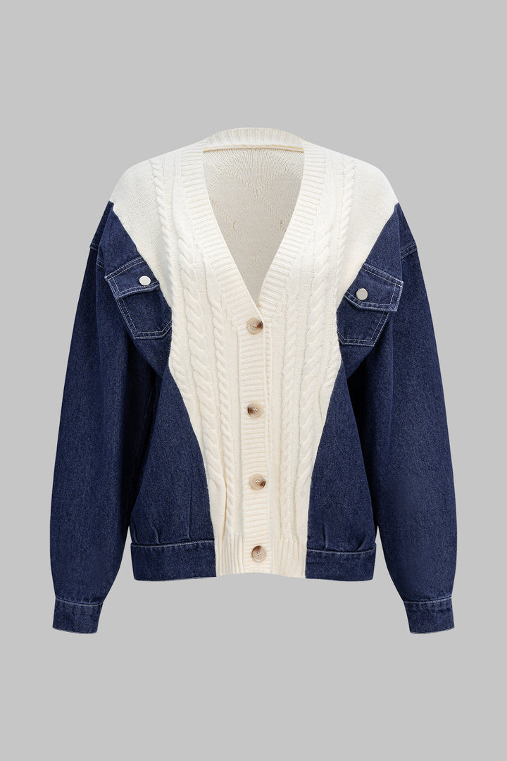 Patchwork Button Cable Sweater Cardigan