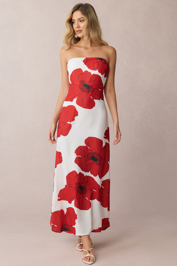 Contrast Floral Print Strapless Sleeveless Maxi Dress