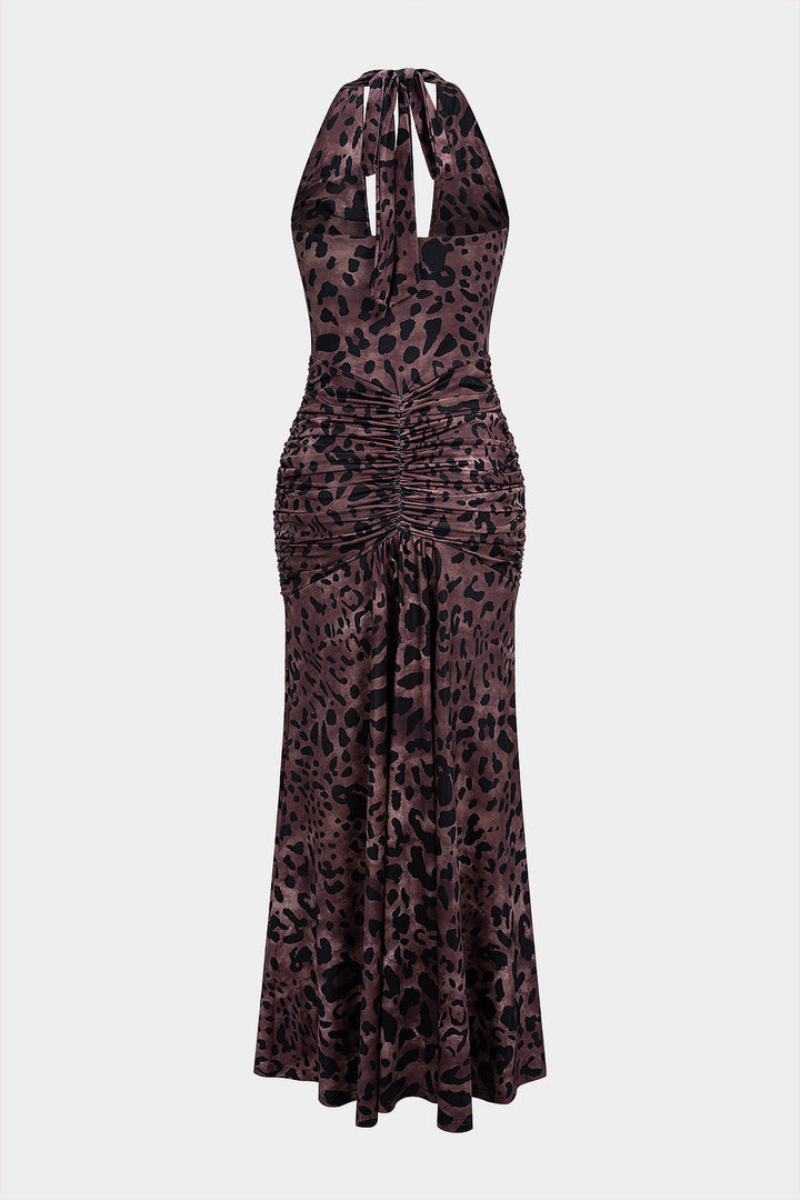 Leopard Print Halter Neck Backless Tie-Up Sleeveless Maxi Dress