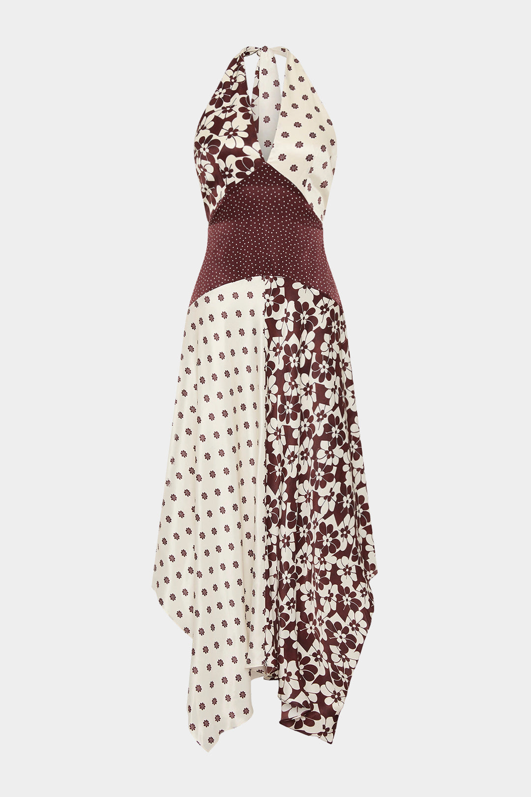 Floral Polka Dots Print Halter V-Neck Sleeveless Maxi Dress