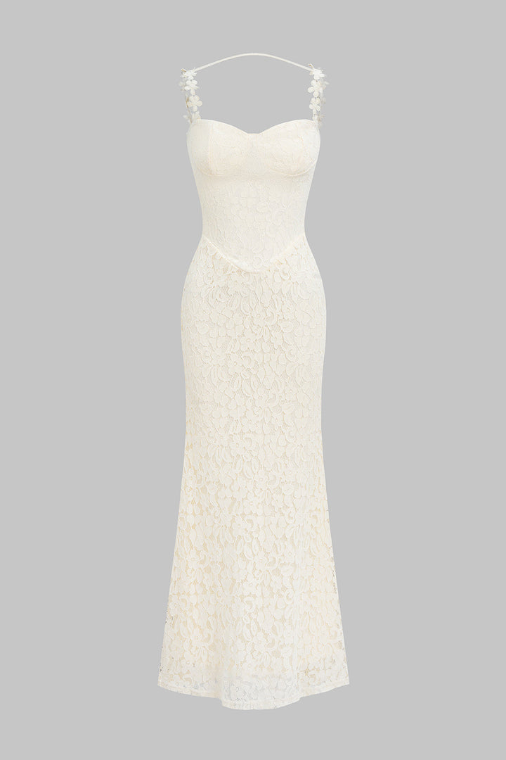 Patchwork Lace Flower Applique Sleeveless Slip Maxi Dress