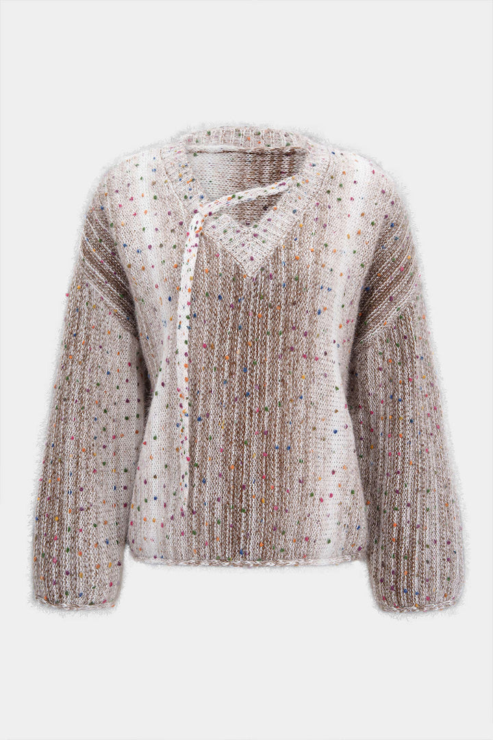 Knit Contrast V-Neck Long-Sleeve Top