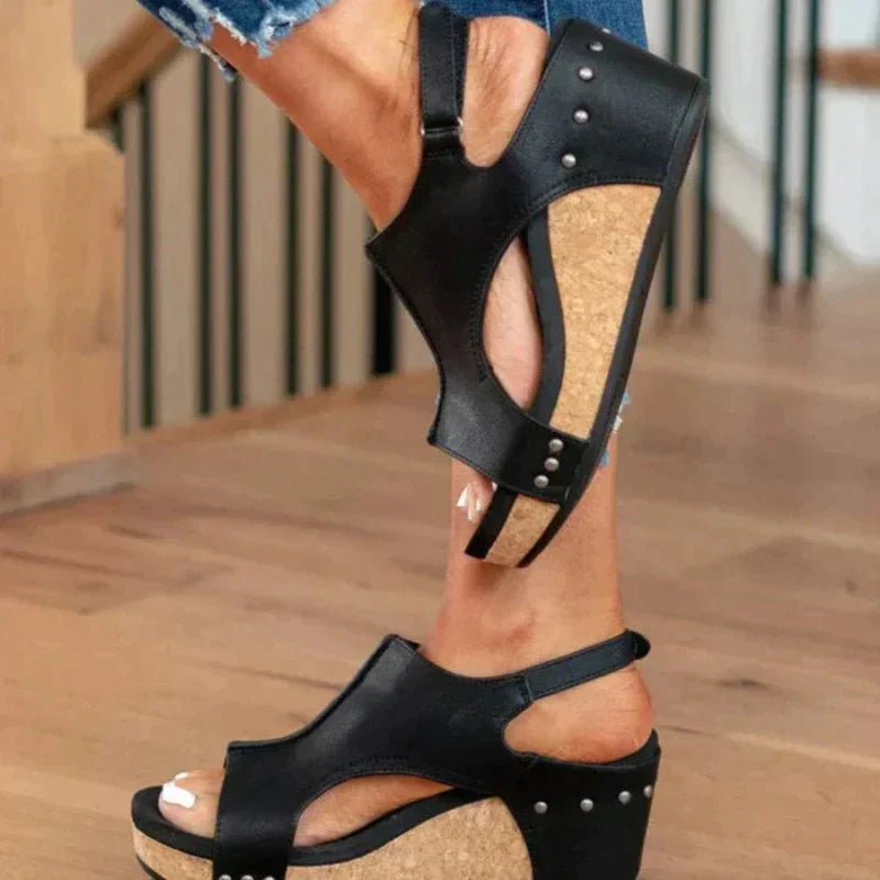 Orthopedic Leather Women's Sandal with Wedge Heel and Comfort Footbed