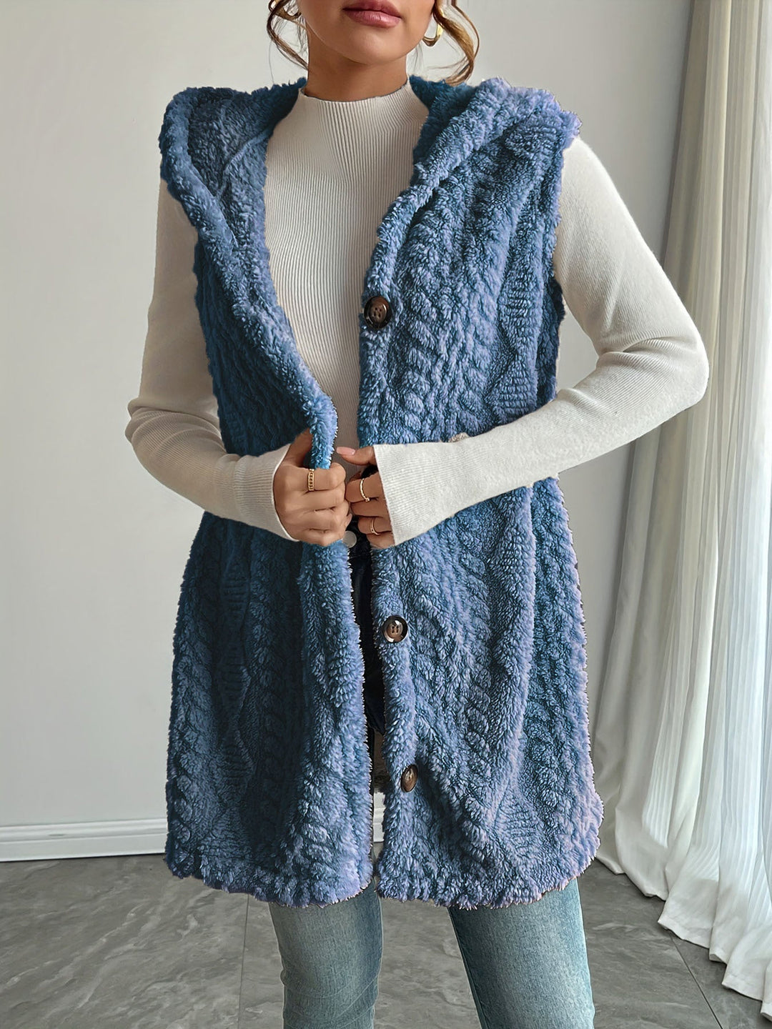 Laetitia™ | Hooded Textured Buttoned Sleeveless Vest