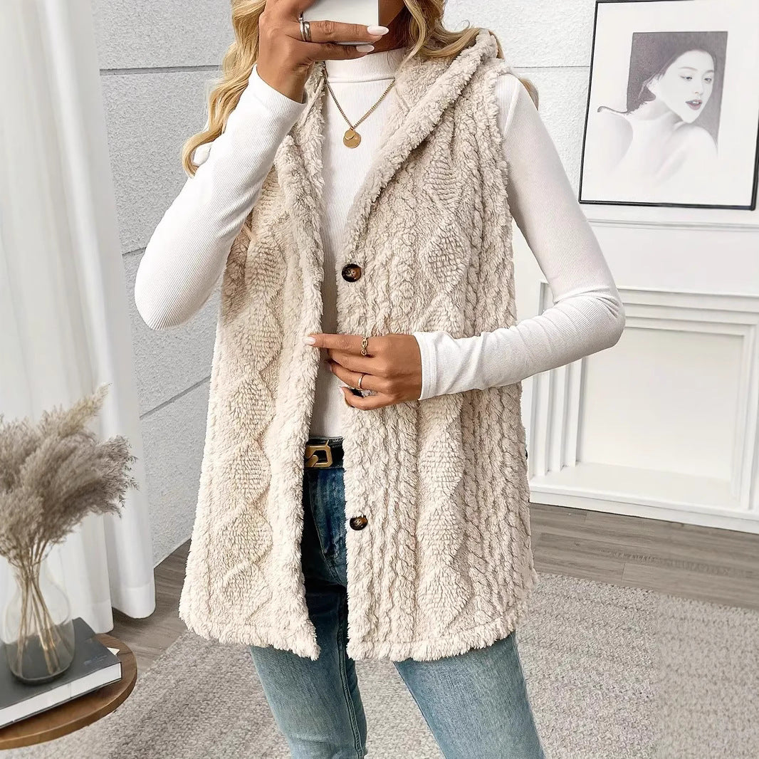 Laetitia™ | Hooded Textured Buttoned Sleeveless Vest