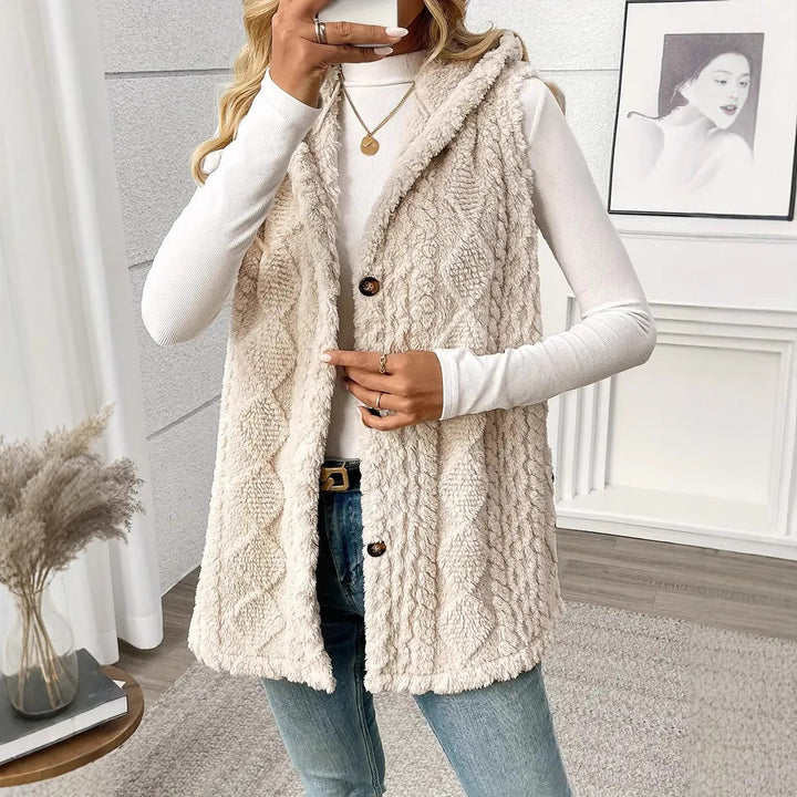 Laetitia™ | Hooded Textured Buttoned Sleeveless Vest